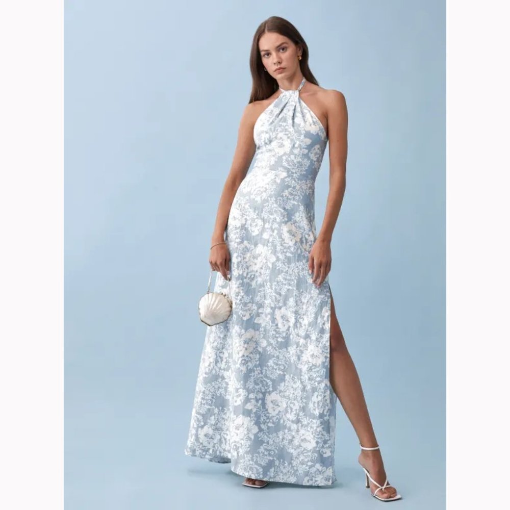 Reformation Elmer Linen Dress in Porcelain Blue White Floral Print Halter Neck